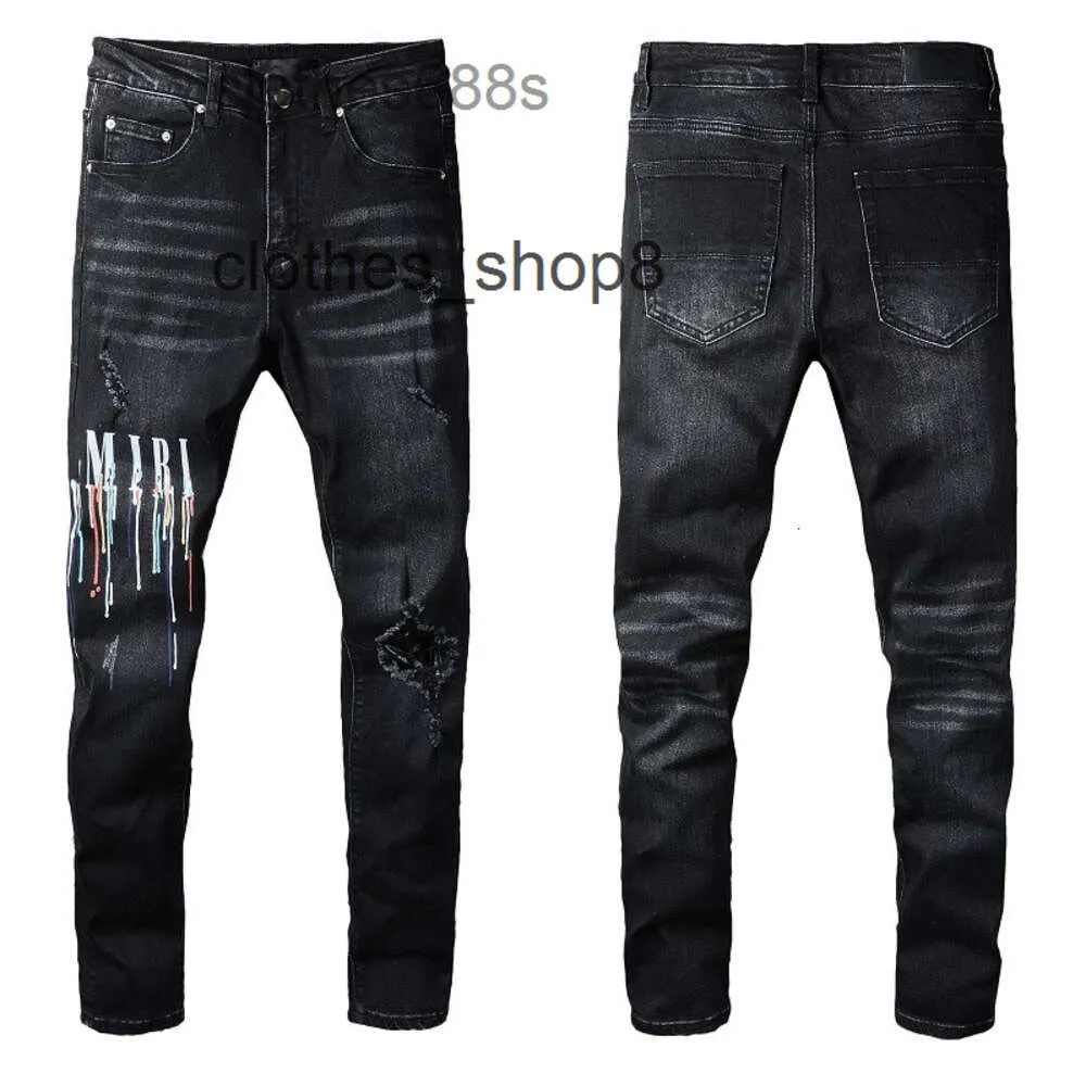 Designer Jeans Trend amirrs-fluid spray painted colorful letter hole patch elastic tight legged jeans NH50