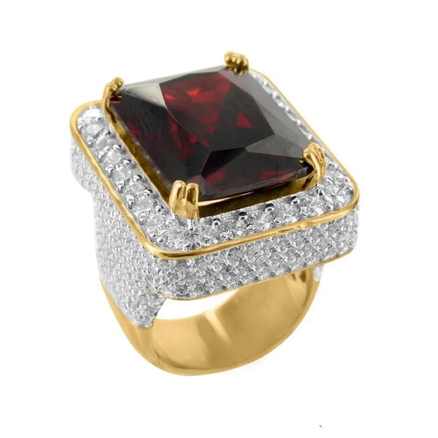 Alta qualidade jóias maré rapper designer anéis vermelho verde preto grande pedra ouro prata cores hip hop bling masculino micro pave ring198f