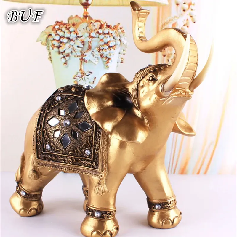 Sculptures en résine dorée Éléphant Statue Feng Shui Elegant Elephant Trunk Sculpture Lucky richesse Figurine Crafts Ornements pour décoration intérieure