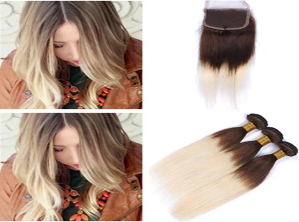 Proste 4 613 Brązowe blond Ombre Virgin Hair wątki z koronkowym zamknięciem 4x4 Średni brązowy i blond ombre malezyjskie włosy WEA7431994