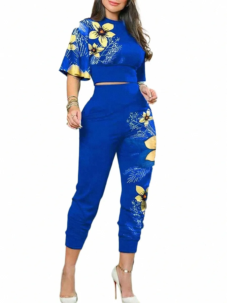 LW manches Crop TopHigh taille pantalon à imprimé floral ensemble Fi imprimé tropical deux pièces pantalons costumes moitié coupe régulière femmes 2pc w92R #