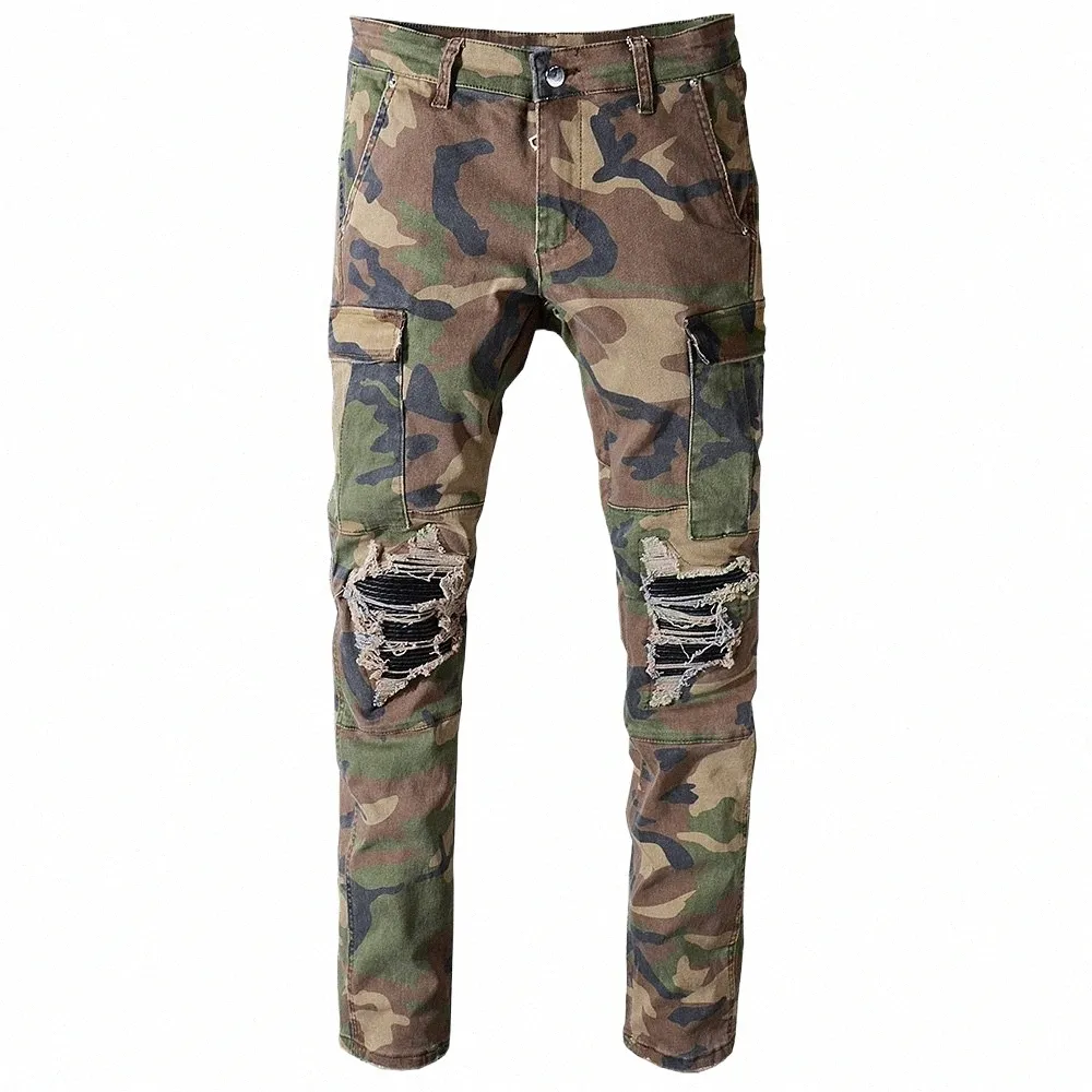 Sokotoo hommes camouflage imprimé patchwork biker jeans pour moto coupe ajustée droite armée vert poches cargo denim pantalon h4E6 #