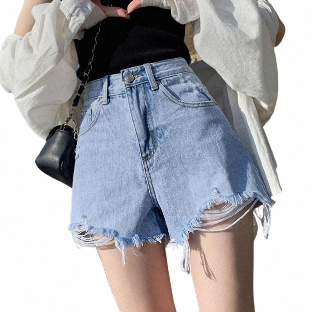 denim byxor hög midja denim shorts kvinnor sommarficka tassel rippade hål rippade jeans shorts kvinnliga femme korta byxor x7tf#