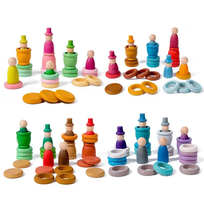 Montessori arc-en-ciel blocs de construction enfants jouets hêtre en bois quatre saisons thème tasses empilées construire jeu de puzzle sensoriel 240321