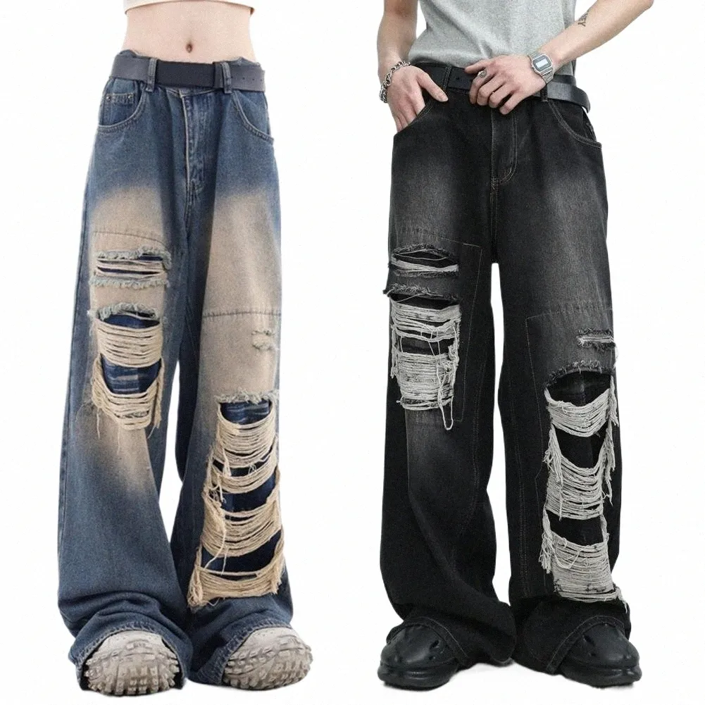 distred Jeans Vintage taille haute jambe large jean femme avec trous déchirés Style Hop avec Streetwear de couleur unie pour A 26F1 #