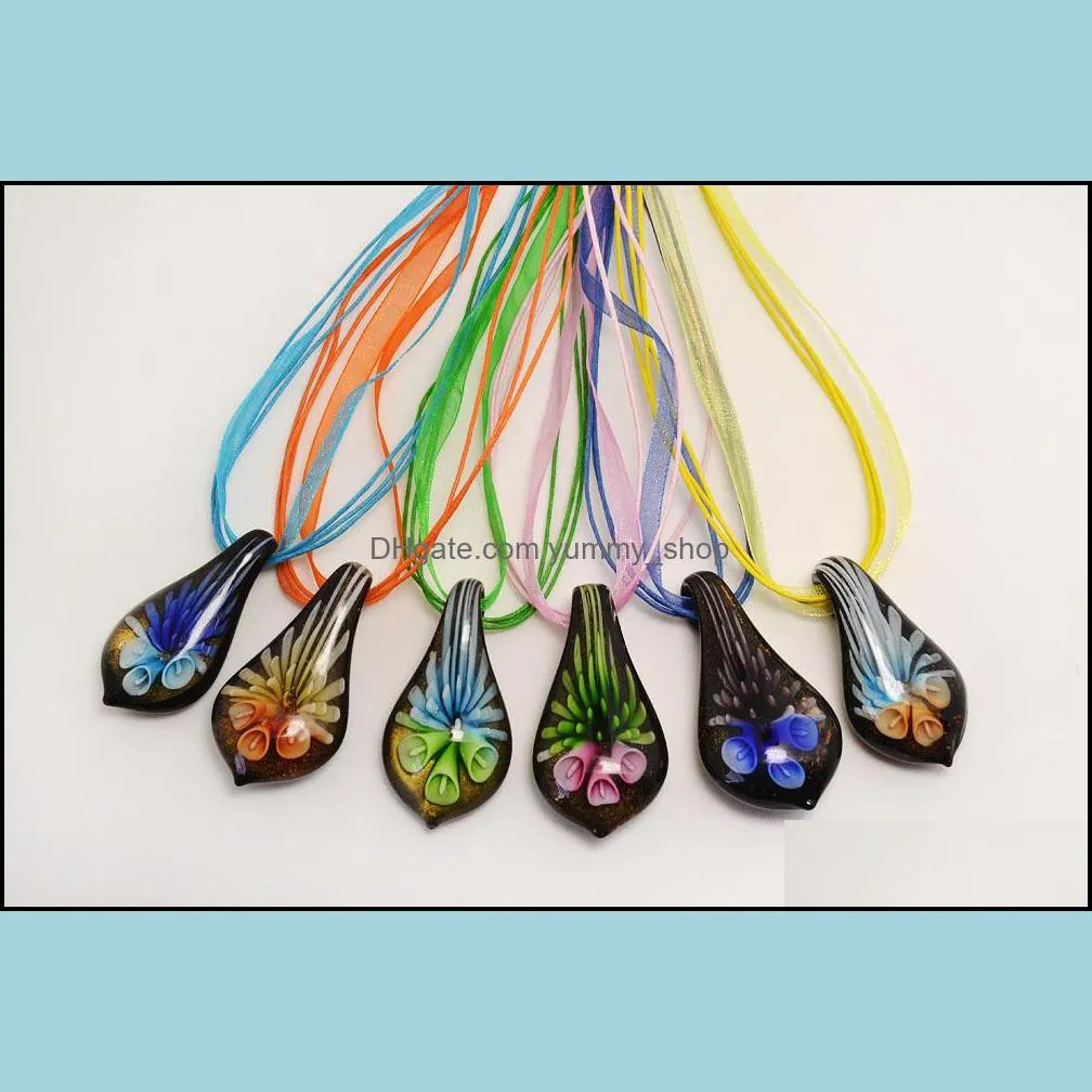 Pendant Necklaces Waterdrop Shape Inner Flower Lampwork Glass Pendants Drop Murano Mixed Color Necklace For Girl Womens Jewelry Delive Dhygk