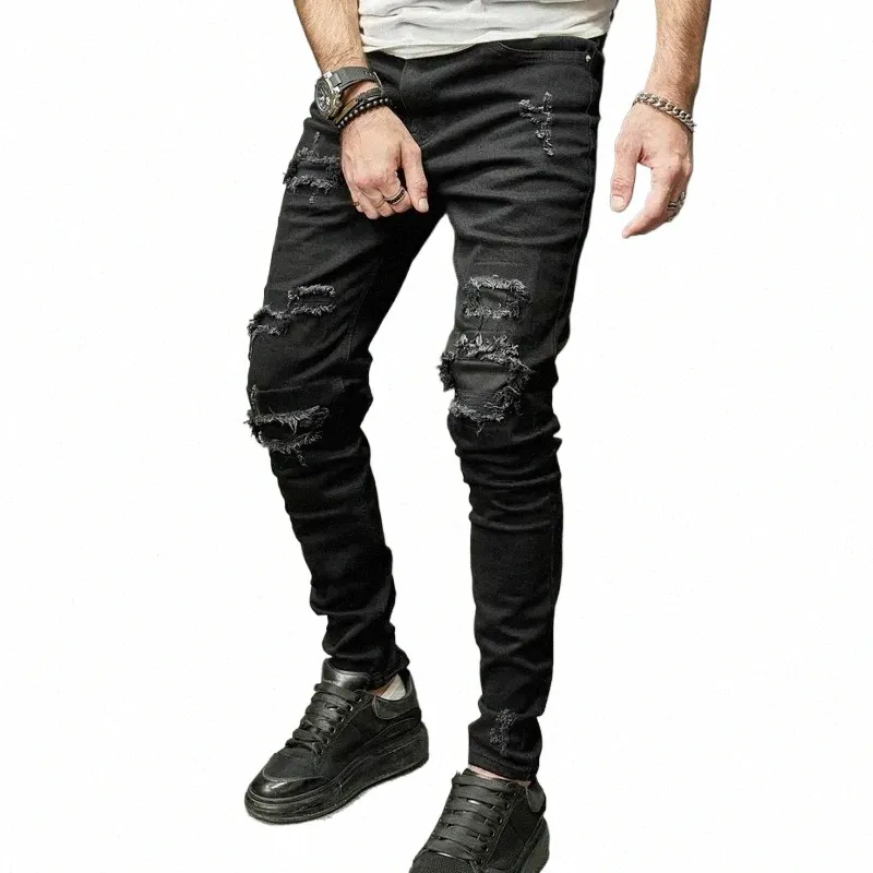 Juventud Fi Black Patchwork Ripped Denim Pantalones Otoño Hombres Estiramiento Skinny Jeans Streetwear Masculino Casual Cott Lápiz Pantalones 791e #