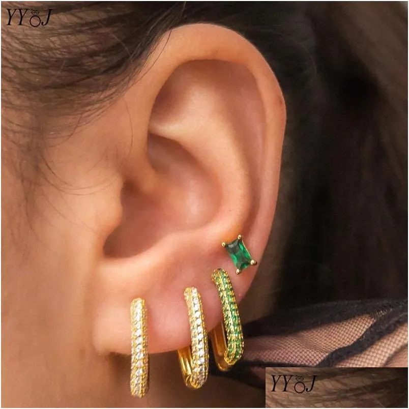 Hoop Huggie Hie Synthétique Diamant Pave Rec Boucles D'oreilles Pour Femmes En Acier Inoxydable Carré Géométrique Vert Bijoux Summerhoop Drop Livraison Otyxw