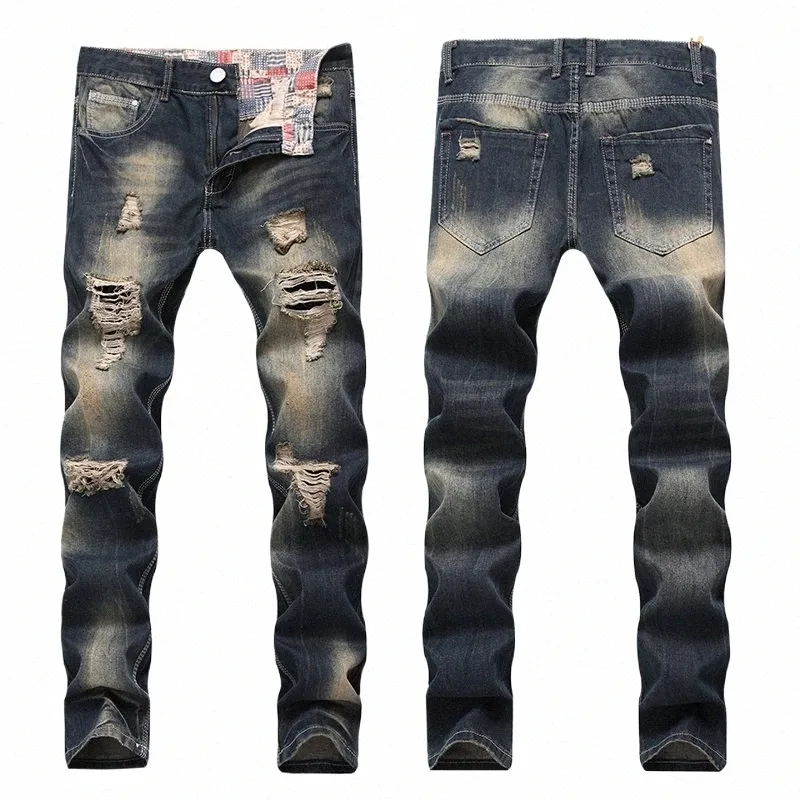 Patchwork de los hombres Jeans de mezclilla agujero arruinado hueco nuevo más tamaño de alta calidad Fi pantalones rasgados Dropship V1Ox #