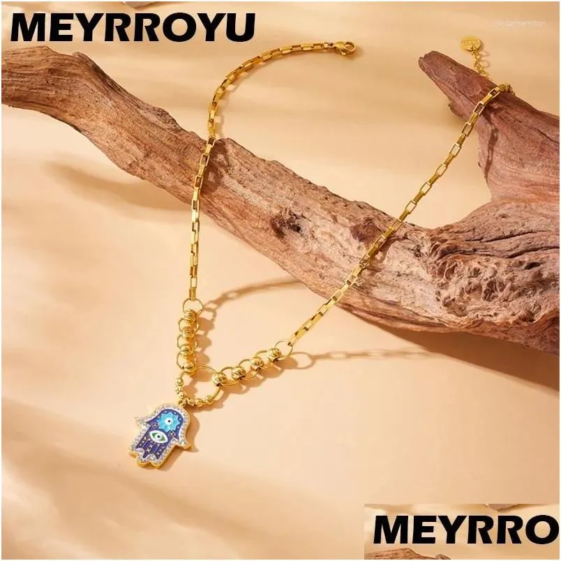 Pendant Necklaces Meyrroyu Hamsa Hand Dark Blue Enamel Necklace Fashion Zircon Inlay Lucky Neck Chain Jewelry Accessories For Women Dr Otipy