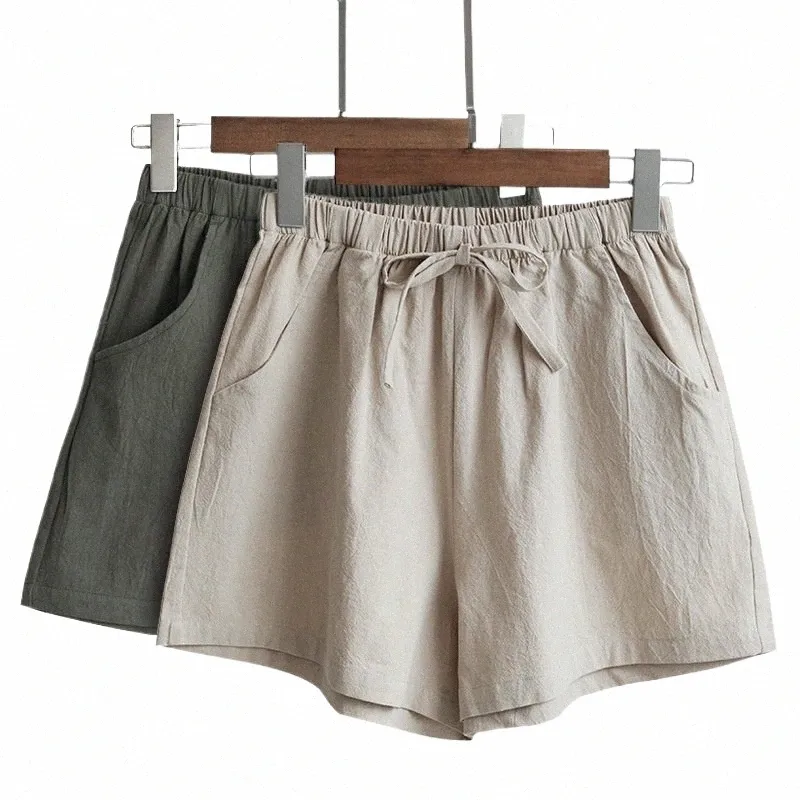 Summer Cott Linen Shorts Kobiety wysokie talia duże spodnie krótkie spodnie kobiety Fi Casual Sports Shorts Kobieta S-XL R72O#