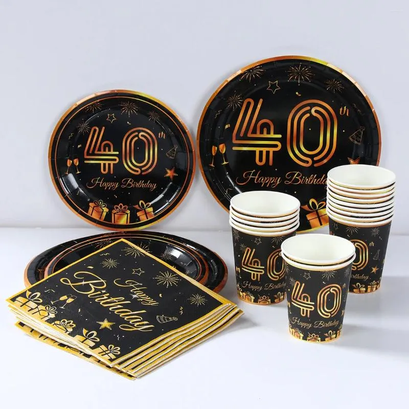 Party Decoration 40 Years Black Gold Birthday Disposable Tableware Plates Cup 40th Decor Adult Anniversary Supplies