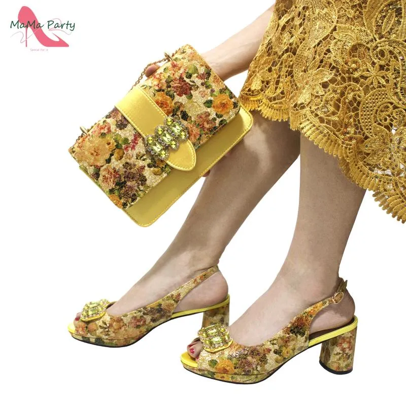 Dress Shoes 2024 Mature Style High Quality Comfortable Heels Italian Women And Bag Set With Shinning Crystal In Yellow Color