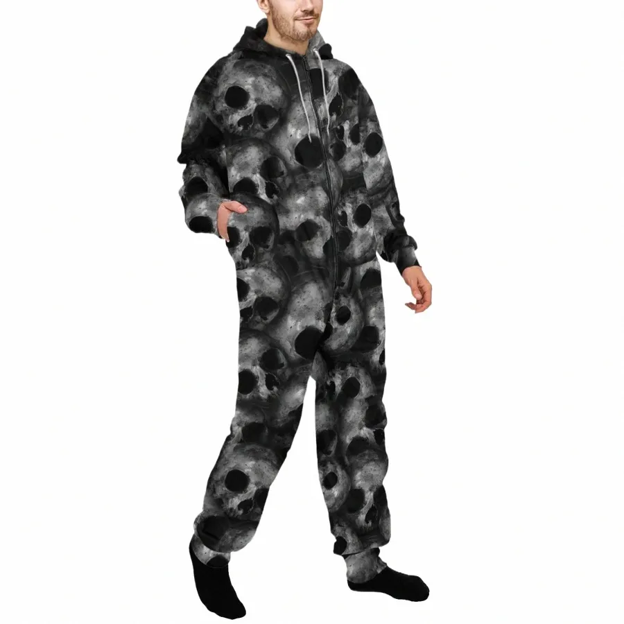 men Onesie Zipper Pijama Hooded Pajamas Sleepwear Overall Onepiece Halen Skull Print Jumpsuit B7TZ#