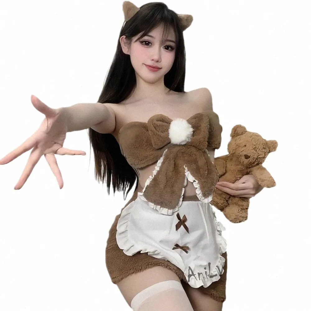 Anilv Anime Kawaii Girl Cute Bear Maid Unifrom Cosplay Mulheres Plush Nightdr Animal Pijamas Bow Dr Outfits Trajes R0T0 #