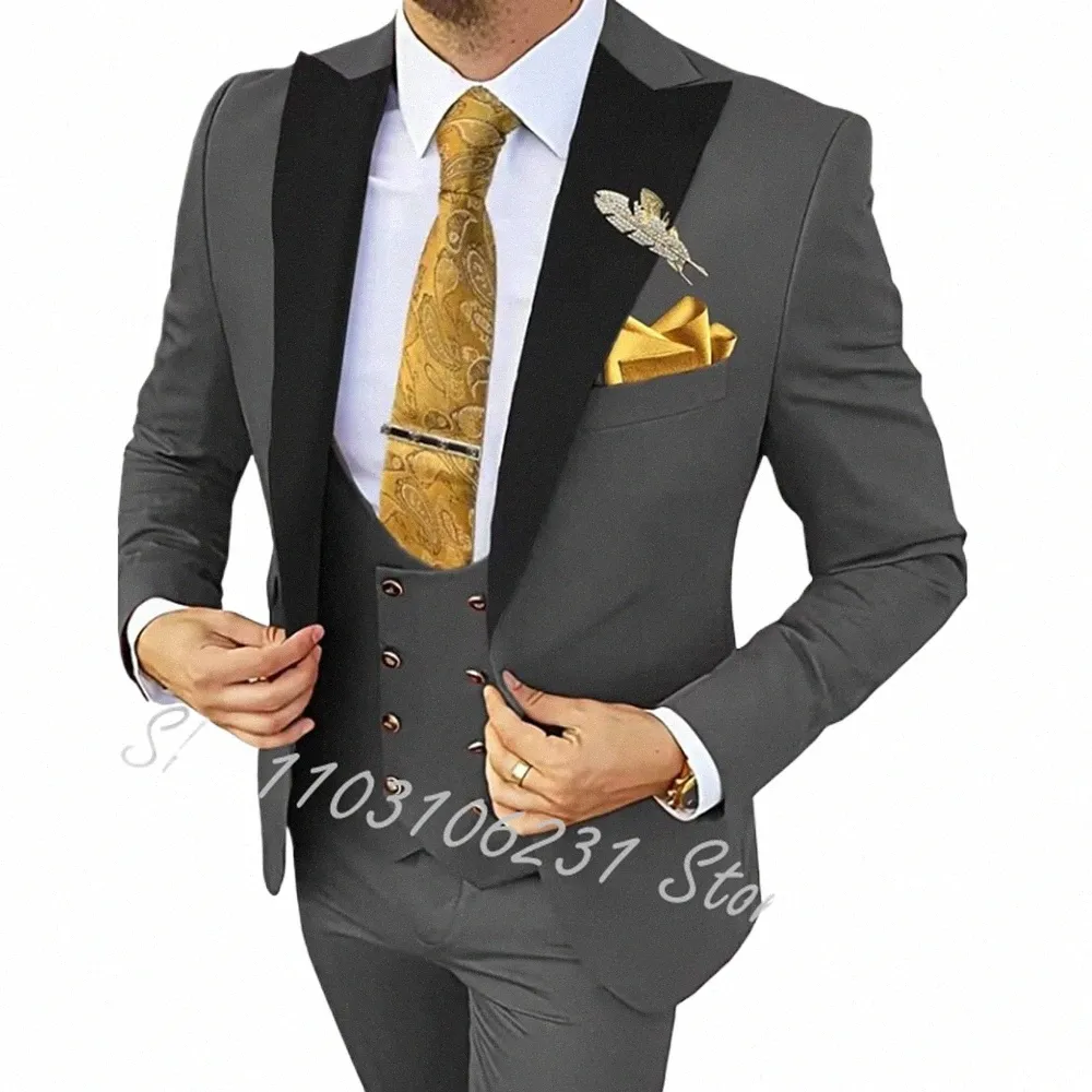 dark Grey Busin Men's Suit 3-piece Suit Jacket Pants Vest Wedding Groom Tuxedos Formal Slim Fit Men Blazer Costume Homme p1R8#