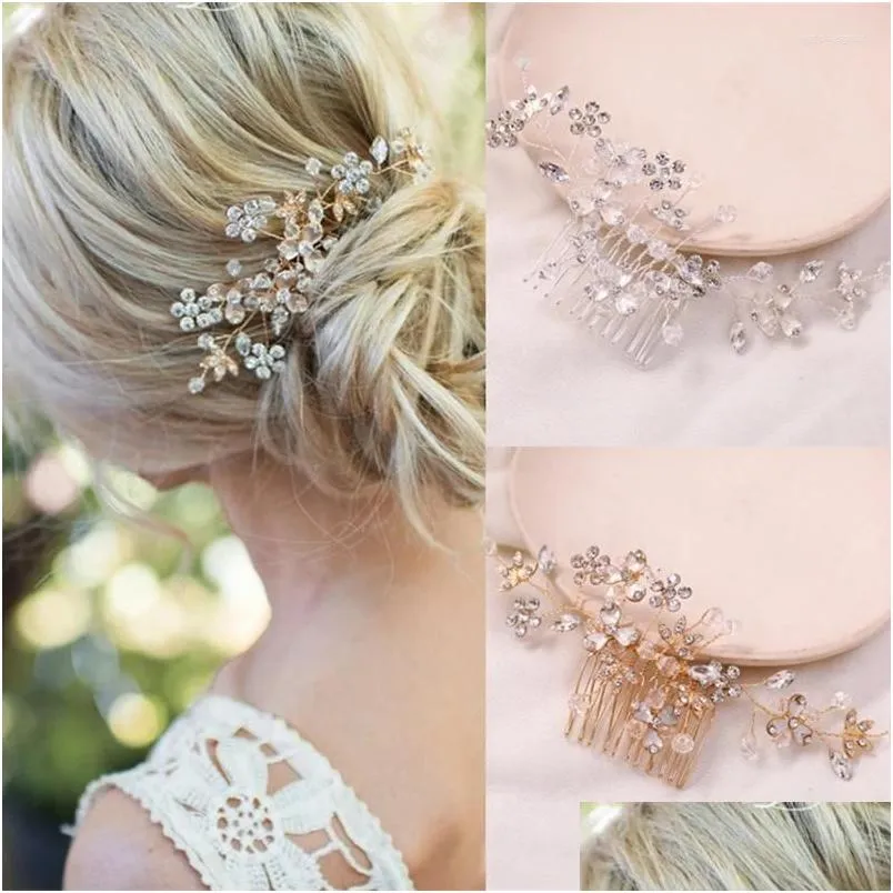 Hårklämmor Barrettes Crystal Rhinestone Flower Leaf Comb Vine Hairpin Pannband Tiara för kvinnor Brudtillbehör smycken Drop Deliver Otxdj