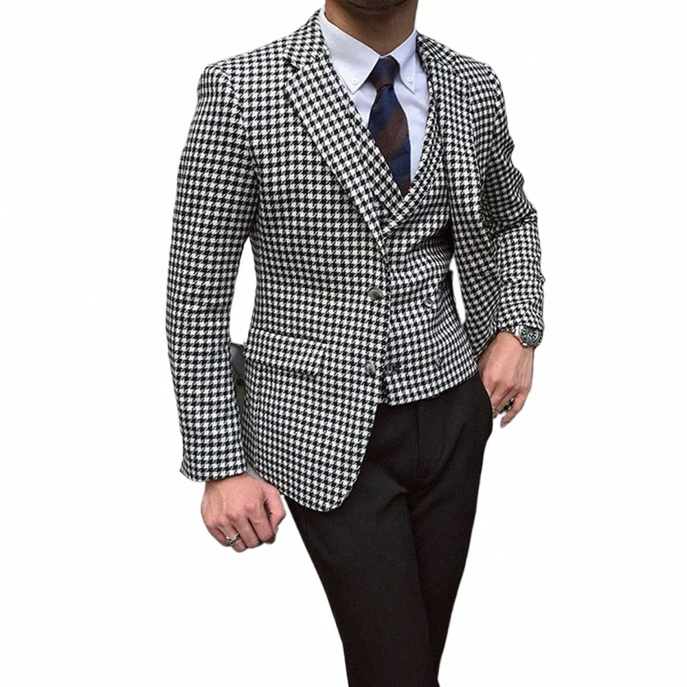 Męska kamizelka Blazer and Houndstooth do garniturów ślubnych Formalne Tweed Tuxedos Custom Made Man Suits Kurtka+spodnie+kamizelka R9jg#