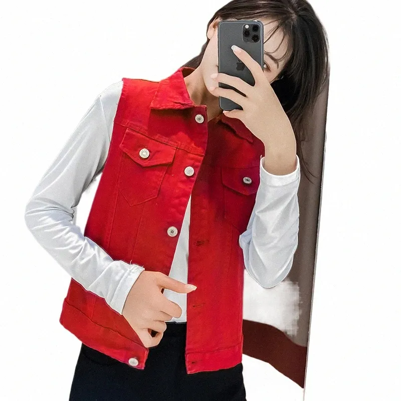 Oversize 6XL Red Denim Vest Donna Casual Short Jean Sleevel Giubbotti Primavera Estate Gilet coreano Fi Cowboy Chalecos F6O5 #