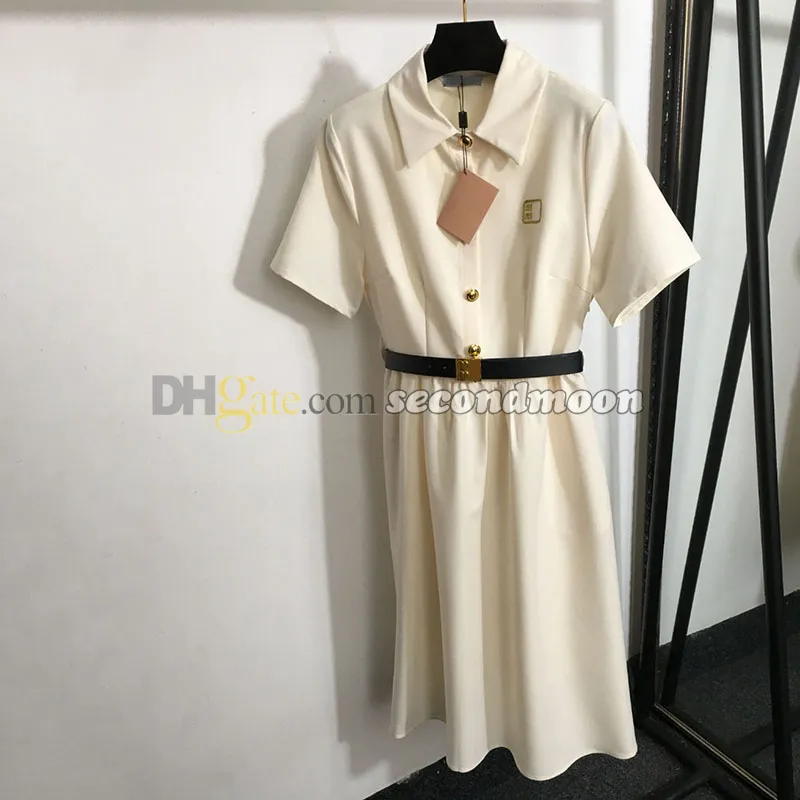 Mulheres lapela pescoço vestido vestidos de manga curta com cinto designer carta bordado vestido primavera verão vestidos