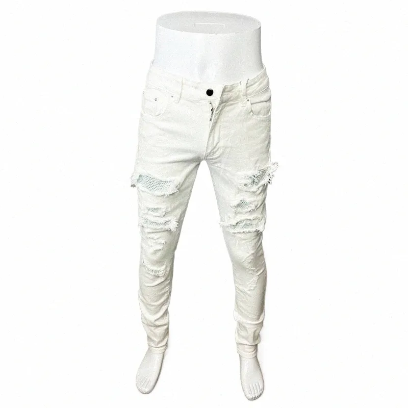 FI Designer Men Jeans White Color Stretch Elastic Slim Fit Ripped Jeans Men Streetwear Patched Hip Hop Brand Pants Hombre P9mc#