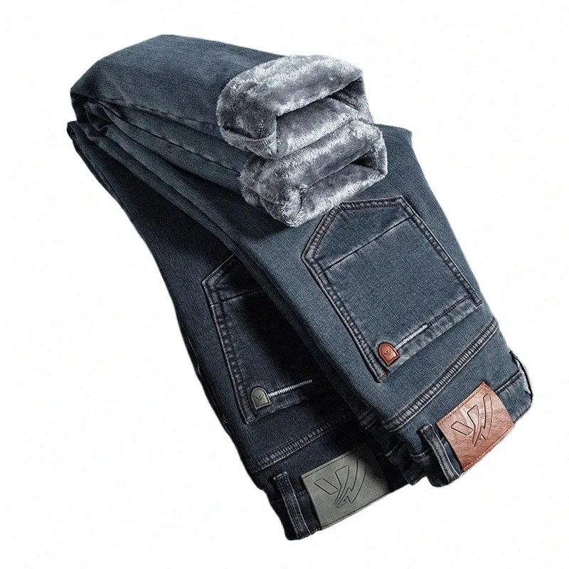 Jeans elasticizzati spazzolati da uomo fi Casual dritto confortevole caldo abbigliamento maschile pantaloni in denim in pile caldo spesso m9EG #