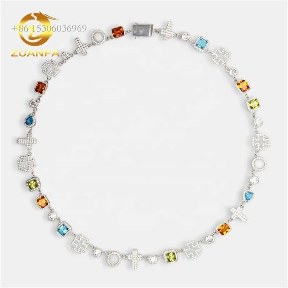 Mässing Sier Plated Multi Color CZ Gemstone Charm Link Chain Necklace Iced Out Hip Hop Jewelry