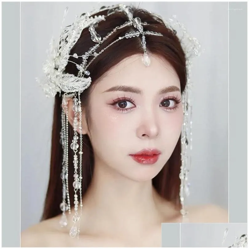 Hårklipp Barrettes Korean Style Bride Crystal Tassel Fairy Accessories Exducite Handgjorda pärlstavade ögonbryn Center Pendant Chain Headwe Ot8sn