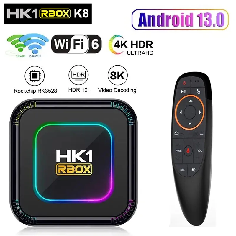 Smart TV Box HK1 RBOX K8 Android 13 RGB Light 4GB 64GB 128GB RK3528 WiFi6 BT 5.0 4K 8K Video Media Player