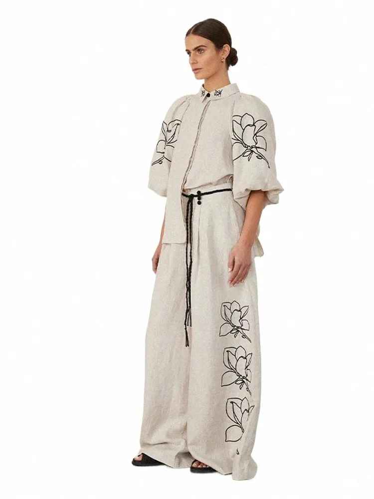 embroidery Print Cott Linen Women Pants Set Oversize Lantern Sleeve Lapel Top Lace Up Wide-leg Trousers 2024 Spring Lady Suits s43R#