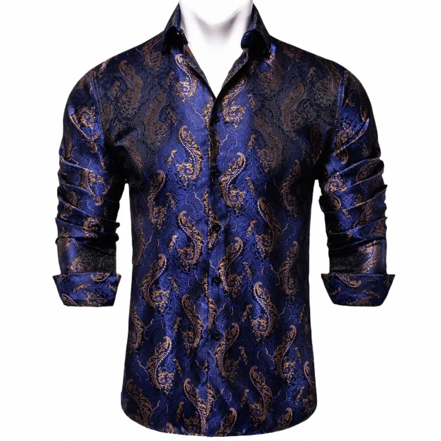 Royal Blue Gold Paisley camisas de seda para homens LG manga social Dr camisa luxo smoking festa de casamento roupas masculinas DiBanGu r4FT #