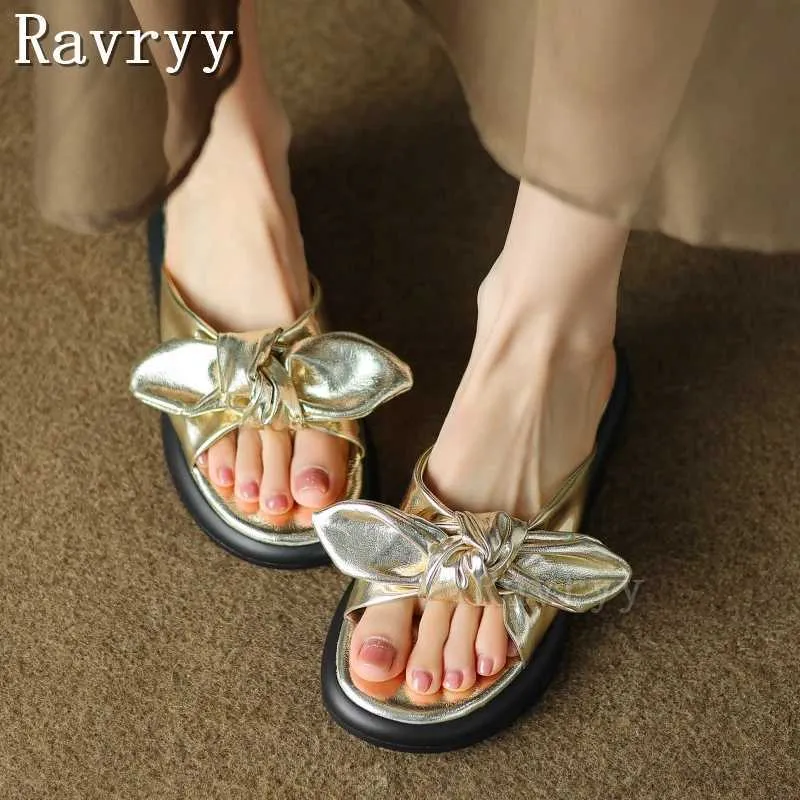 Slippers Open thick sole jacket with half slider 2023 summer new bow gold silver flat bottomed casual womens sandals H240328