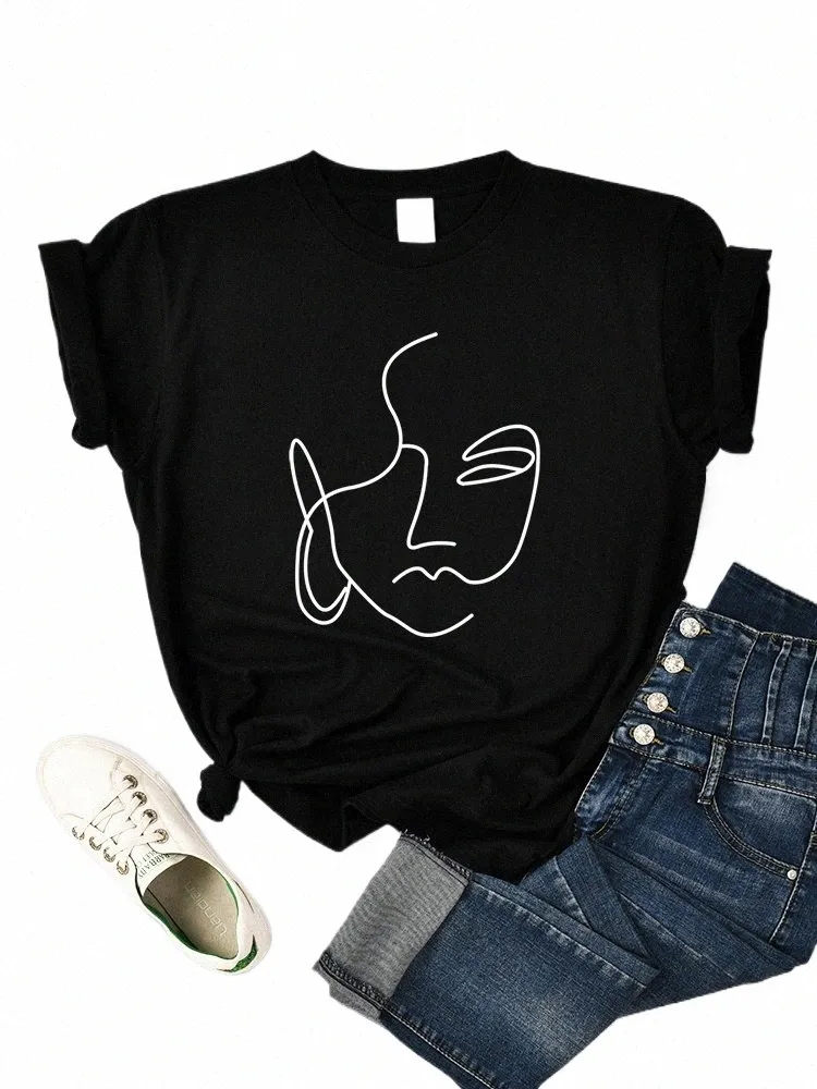 抽象シンプルなストロークフェイスプリント女性Tシャツヒップホップ通気性半袖ソフトストリートカジュアルトップ
