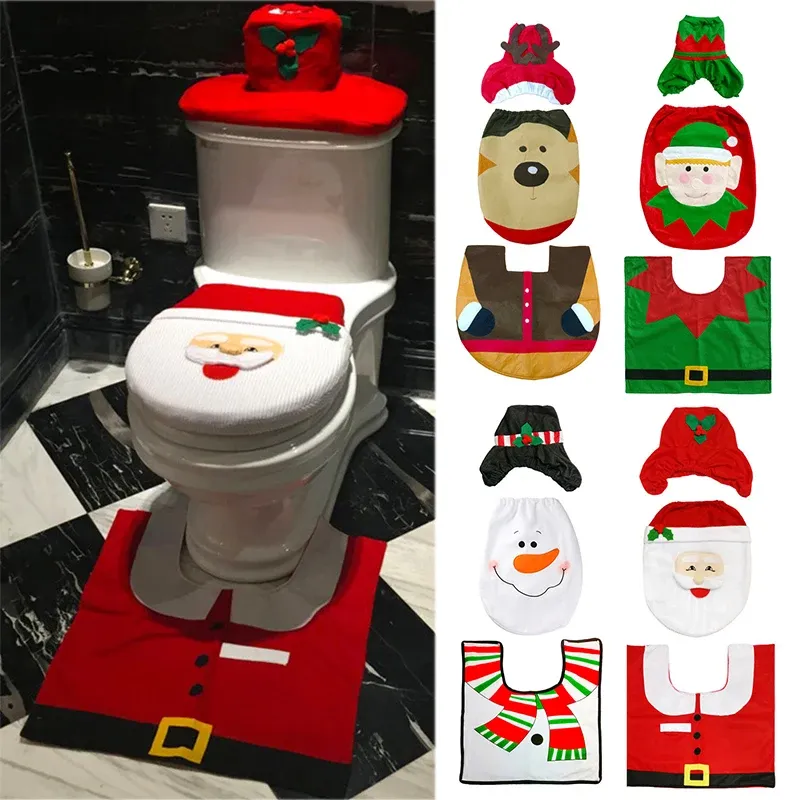 Cortinas 3 pçs suprimentos de natal decoração do banheiro natal decoração do banheiro dos desenhos animados capa de assento do toalete acessórios do banheiro