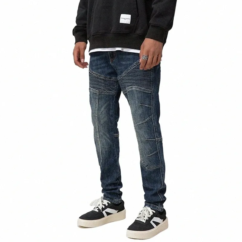 Fi Designer hommes jean rétro bleu élastique coupe ajustée épissé déchiré jean hommes Streetwear Hip Hop patché motard pantalon Hombre l173 #