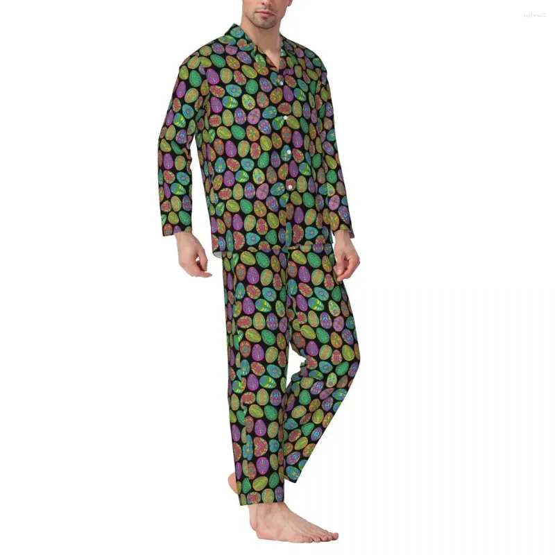 Home Kleding Paasdag Pyjama Sets Retro Eieren Print Kawaii Nachtkleding Heren Lange mouwen Casual Losse nacht Tweedelige nachtkleding Grote maat 2XL
