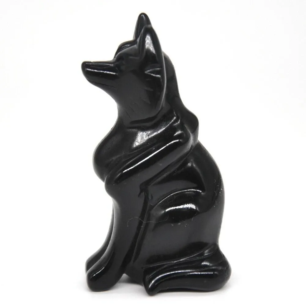 Sculptures Fox Figurine Healing Crystal Sculpture Natural Black Obsidian Gemstone Statue Reiki Decoration