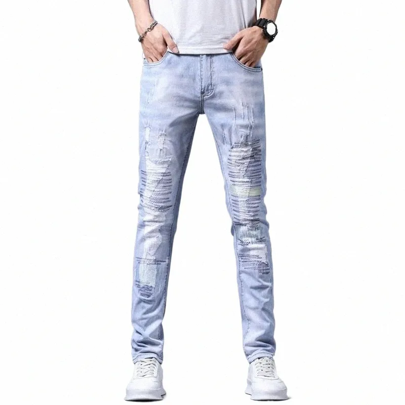 Men's Retro Ripped Stretch Denim Jeans: Light Wash, Embroidered Patches,  Slim Fit Leggings Style Pants for Autumn/Winter