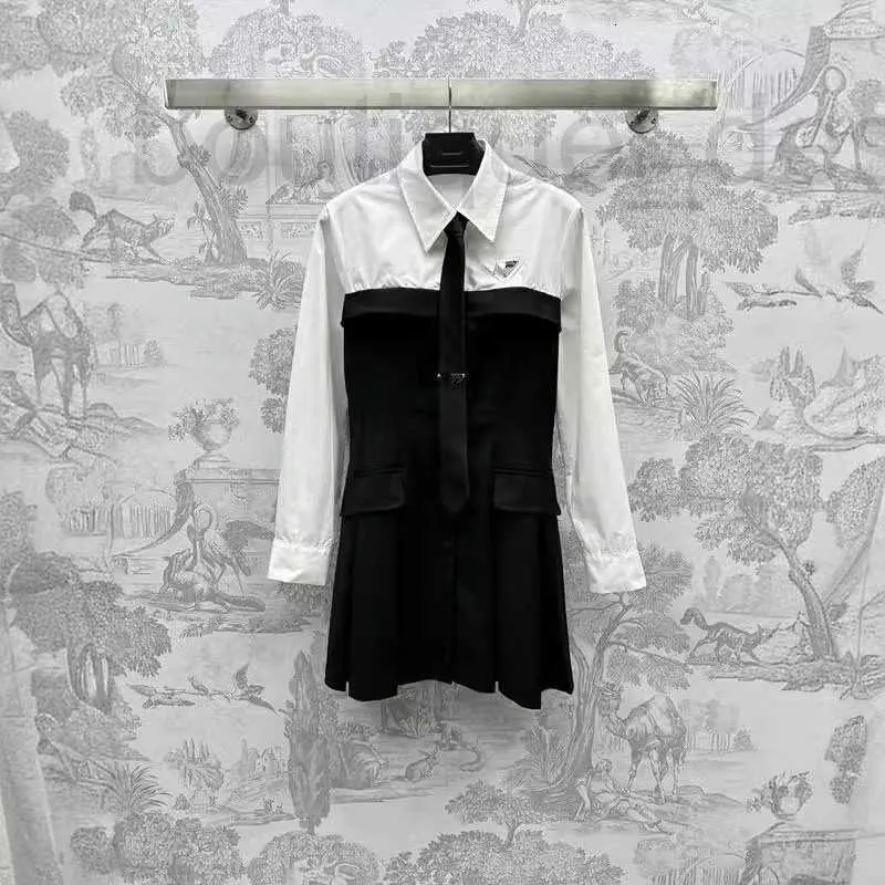 Damesblouses Overhemden designer merk Nieuwe Pra minimalistische stijl, hoogwaardige patchwork, contrasterende kleur stropdas overhemd, revers lange mouwen pakjurk 9PKT