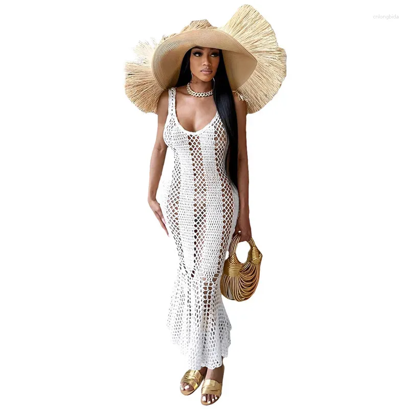 Summer Hollow Out Knitted Schrochet Dress for Women Seksowna bez rękawów Zobacz przez syrenę Vestidos Vacation Beach Zatrudnienie