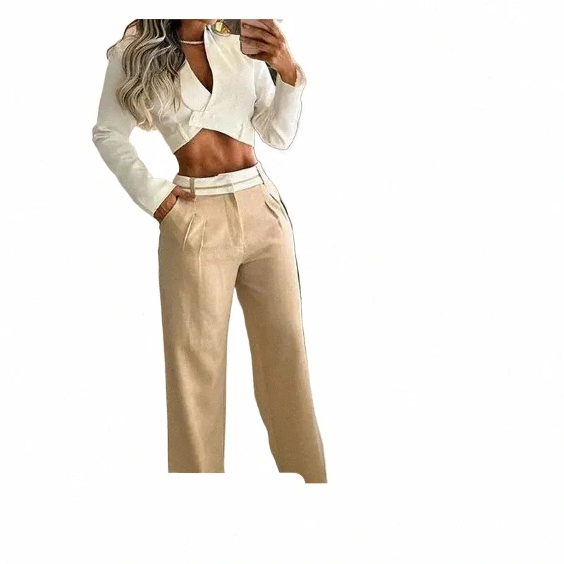 Autumn Women Two Piece Set Office Fi Solid LG Sleeve Lapel High midjan Kort topp Lös med fickor Pants Set Streetwear Q5pk#