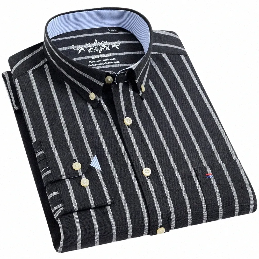 men's Casual Regular-fit Lg Sleeve Stripe Oxford Shirts Single Patch Pocket Cott Blend Breathable Lapel Butt Up Tops Shirt j8cg#