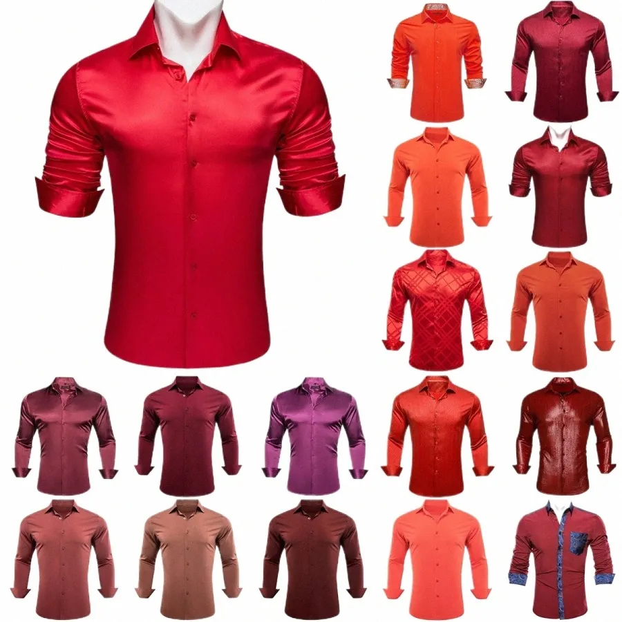 30 couleurs rouge Burdy chemises pour hommes soie Lg manches Slim Fit solide Plaid décontracté hommes Blouses revers hauts vêtements Barry Wang C0EW #