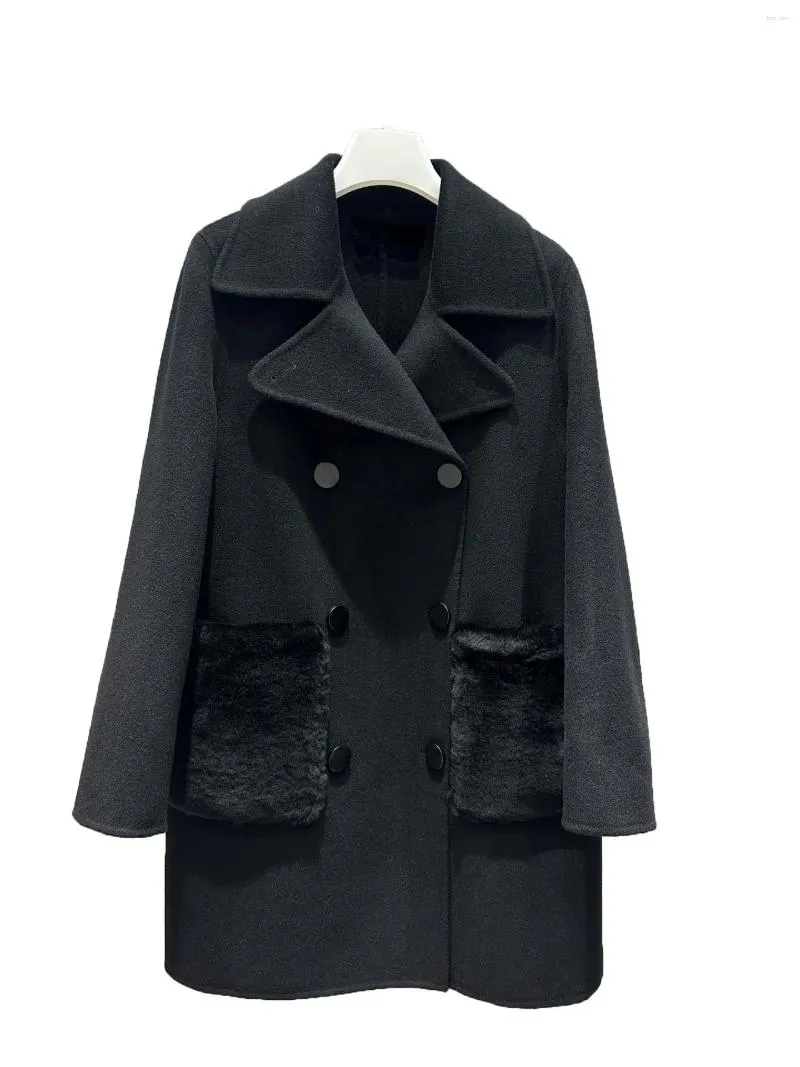 Manteau de fourrure pour femmes, revers mi-long, coupe ample, couleur unie, Double boutonnage, Design chaud et confortable, hiver 2024, 1120