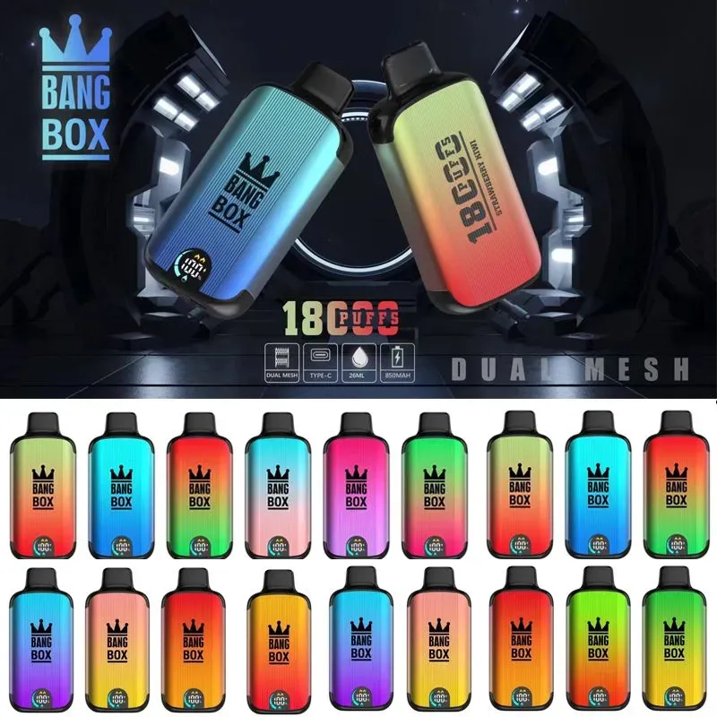 Original Bang Box Puff 18000 E Cigarros Kit Elf Box 18K Puffs Descartáveis ​​Vape Pen Malha Bobina Recarregável 850mAh Bateria Vapers 0% 2% 3% 5% 12 Cores Vaporizadores DUAL MALHA