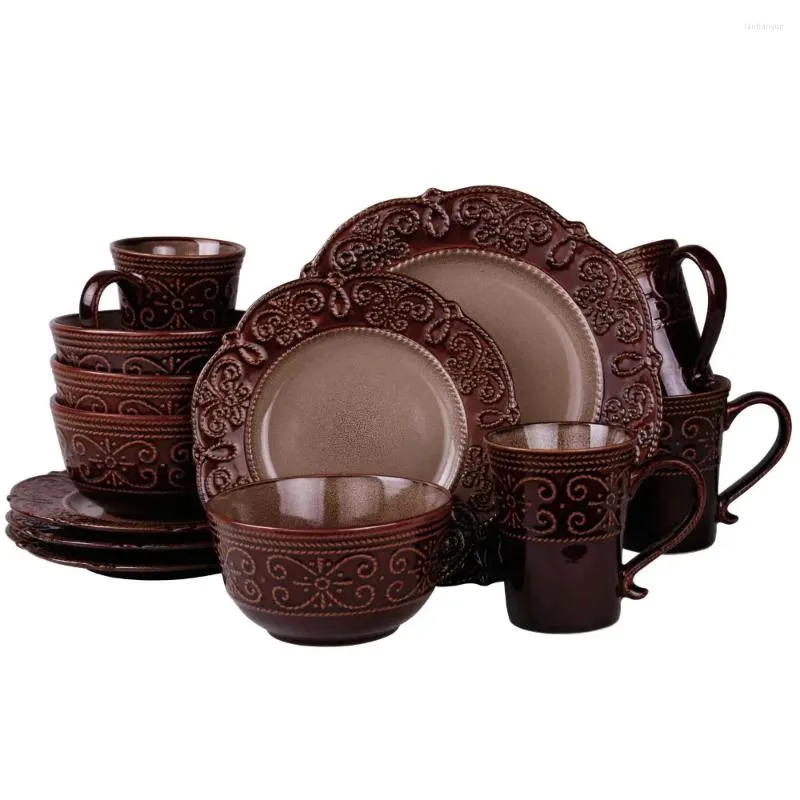 Ensembles de couverts Vaisselle Stoare texturée marron 16 pièces 14,00 X pouces