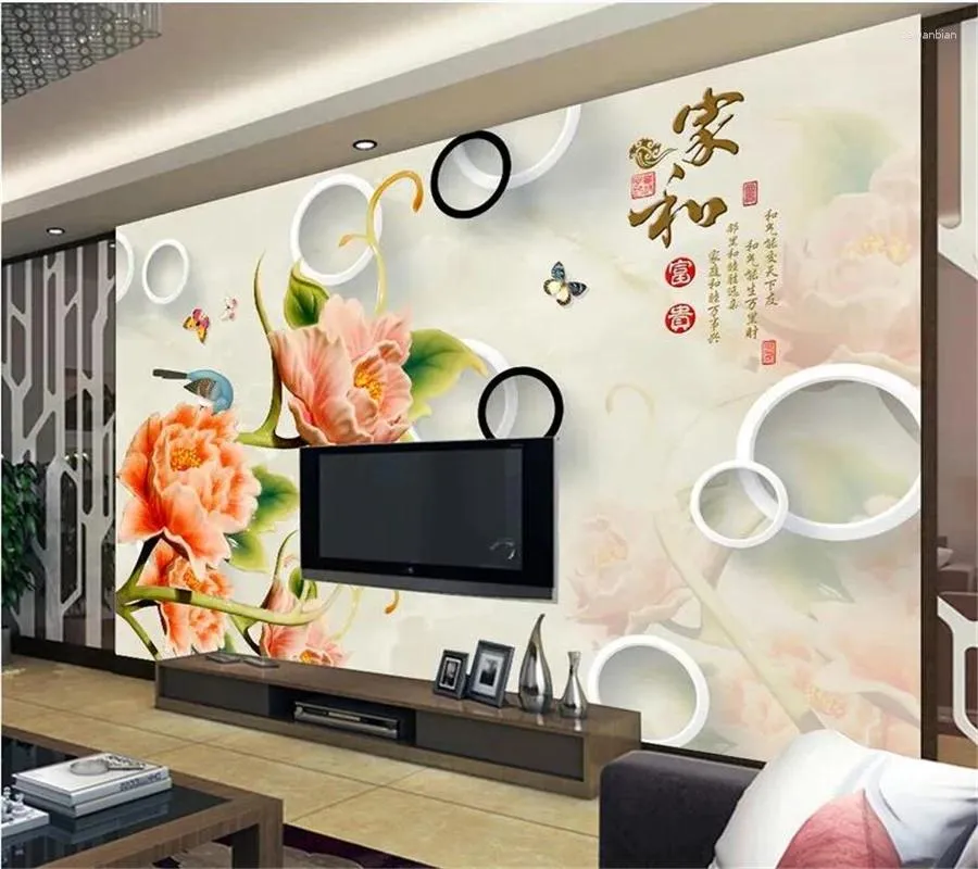 Wallpapers wellyu papel de pared personalizado papel de parede 3d preto e branco círculo em relevo peônia casa rica tv fundo parede pintad
