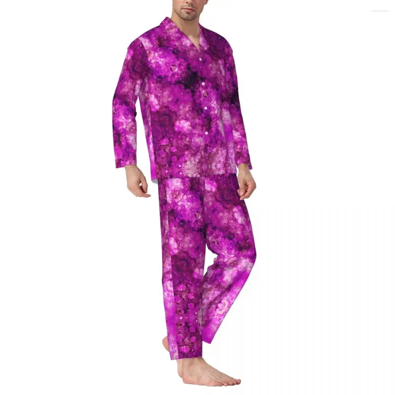 Hemkläder Purple Galaxy Print Pyjama Set Spring Outer Space Daily Sleepwear Men 2 Pieces Casual Overdimasion Nightwear Birthday Present