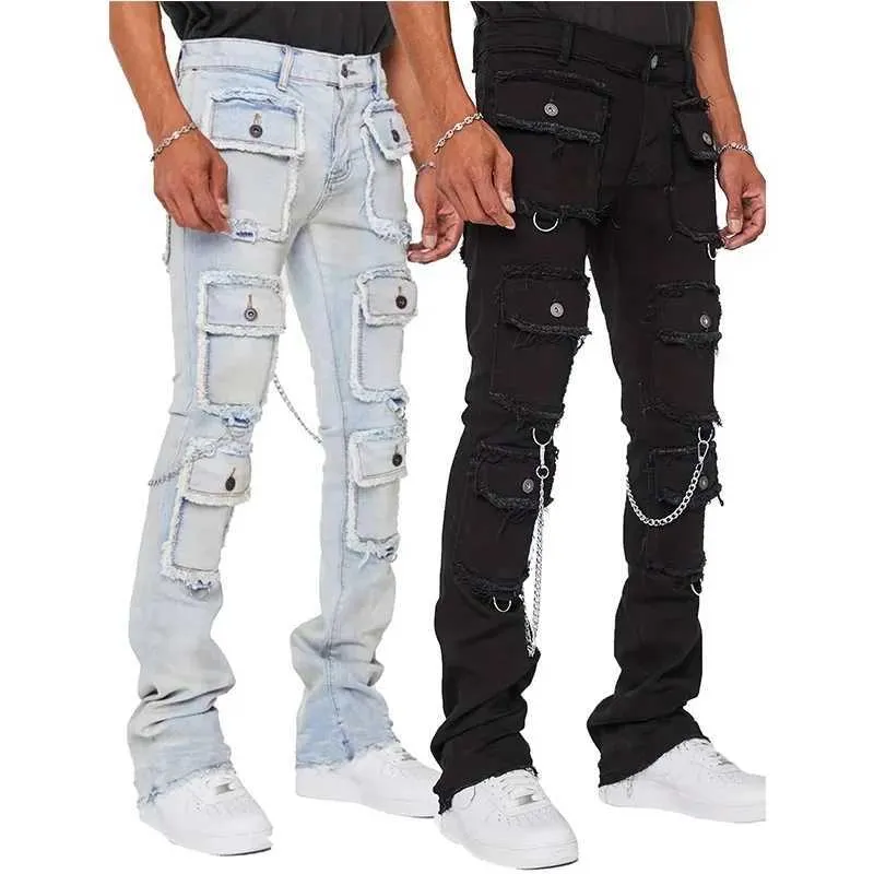 Mäns jeans tunga industriella multi ficka män tätt montering jeans smal passform och elastisk y2k kommersiella byxor herr gata denim kläder j240328