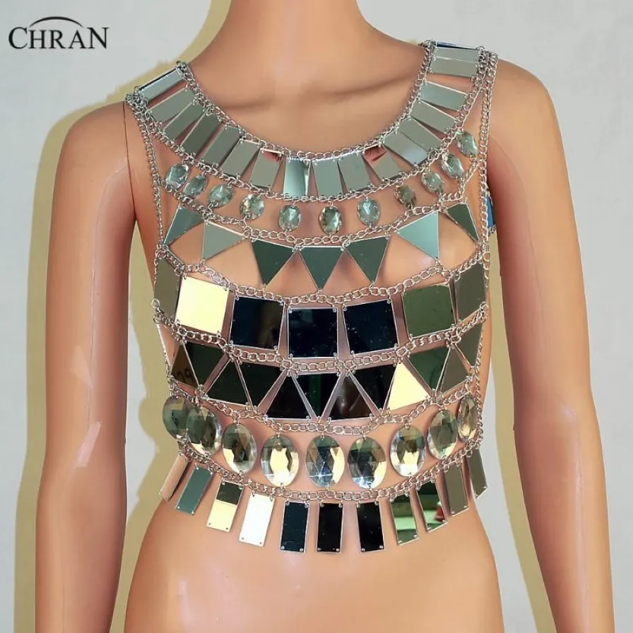 Chran Spiegel Perspex Crop Top Maliënkolder Beha Halter Ketting Body Lingerie Metallic Bikini Sieraden Burning Man EDM Accessoires Cha298T